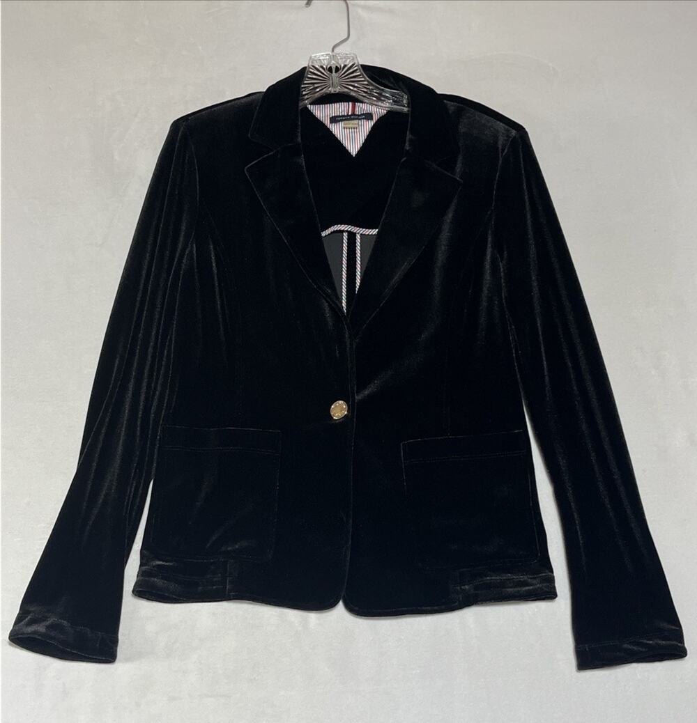 Tommy Hilfiger Velvet Blazer Womens 6 Black One Button Modern Stretch Office